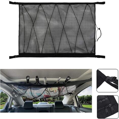 Filet de rangement pour toit de voiture, organisateur multifonctionnel avec fermeture éclair, sac à bagages universel pour quatre accoudoirs de toit de SUV et fourgonnettes (cordon de serrage) (1/5)