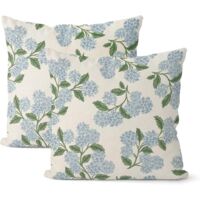 2er Set Kissenbezüge 50x50cm – Leinen Hortensienblumen Blau-Grün, Dekorative Vintage Kissenhüllen für Sofa, Wohnzimmer und Außenbereich