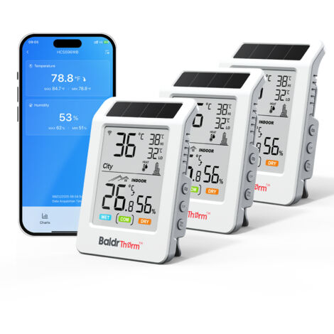 Solar Thermometer Hygrometer WiFi Kabellos, 3er-Set, Temperatur- Und Feuchtigkeitsanzeige Innen/Außen, App-Alarm, Gewächshaus, Rohre, Keller, Babyzimmer