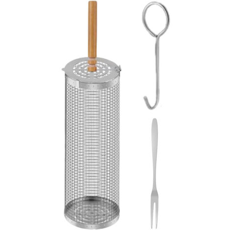 Rotierender BBQ-Korb aus Edelstahl – rollender Edelstahl-Grillzylinder – 30 cm – Holzgriff – Drehender Trommelkorb – Ideal für Camping und Garten (1/5)