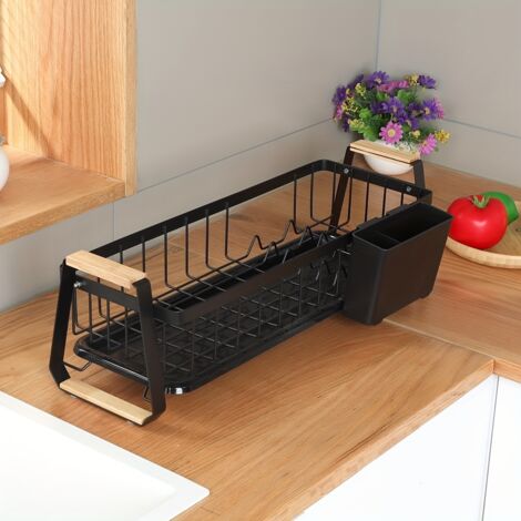 Escurridor de Platos para Encimera - Bandeja de Secado con Bandeja Recogegotas y Cubettero Extraíble, Diseño Estrecho para Fregadero de Cocina Negro (1/5)