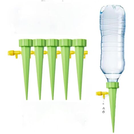 Pack de 5 Sistemas de Riego Automático para Plantas - Picos de Riego con Goteo Largo y Válvula Ajustable, para Plantas de Interior y Exterior, Verde