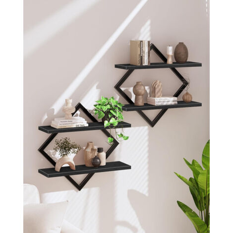 Set da 2 scaffali da parete, 2 ripiani, metallo + legno, stabili – ideale per soggiorno, camera, corridoio, cucina, fissaggio a parete incluso, 38 x 14 cm, Nero (1/5)