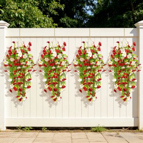 4 Pezzi Petunie Artificiali – UV Resistenti, Balcone e Terrazza (Bianco+Rosso)