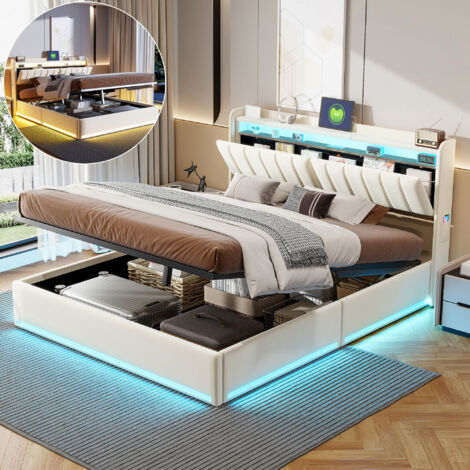 Lit 160x200 Coffre LED,Tête de Lit Capitonné avec Rangement et USB/Type-C,Cadre de Lit Double avec Sommier a Lattes,Lits pour Adulte Adolescent,Velours Beige (1/5)