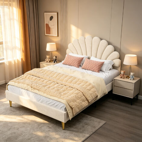 Lit double 140x200 cm, Lit capitonné avec tête de lits forme de pétale, lit enfant avec sommier à latte, lit de princesse en bois, adapté aux enfants, adolescents, velours (1/5)
