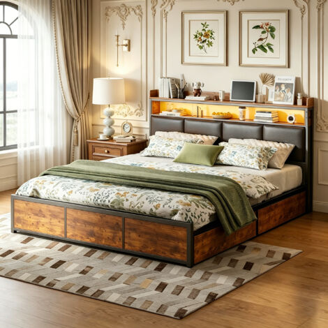 Lit adulte 180x200 cm avec 4 tiroirs, tête de lit avec étagère intégrée et éclairage LED ajustable, lit rembourré avec rangement optimisé, PU, noir (1/5)