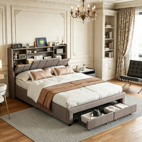 Lit adulte 160x200cm avec rangements, lit capitonné, tête de lit avec rangement et éclairage LED,  2 tiroirs au pied, poches latérales, design moderne (1/5)