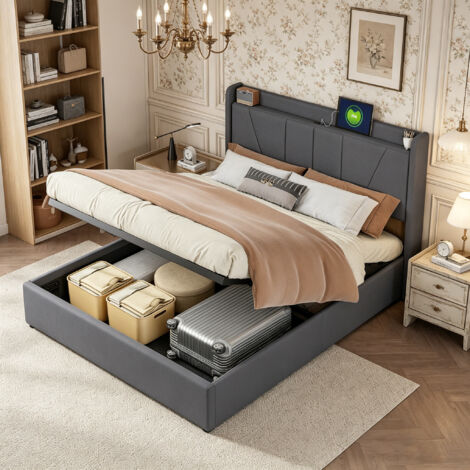 Lit coffre 140x200 cm, Tête de lit cloutée avec bande LED réglable, Rangement hydraulique, lit capitonnée velours – Beige (1/5)