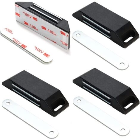Lot de 4 Loqueteaux Magnétiques Auto-Adhésifs - Pas de Perçage - Aimants de Porte pour Meubles, Fermeture Magnétique - Noir