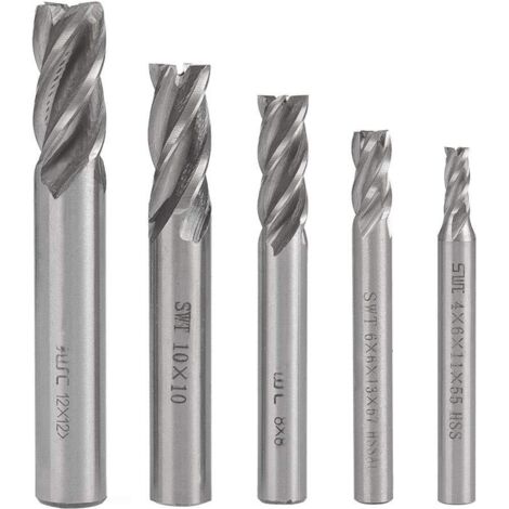 Lot de 5 fraises à queue droite en acier rapide pour tour CNC, 4, 6, 8, 10 et 12 mm, 4 cannelures, fraises hélicoïdales, forets 4/6/8/10/12 mm -