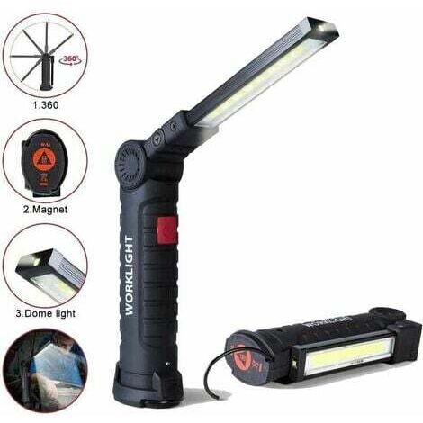 Lampe de travail LED rechargeable avec 800 lumens, base magnétique, 5 modes pour garage, camping, urgences, lampe torche baladeuse LED.