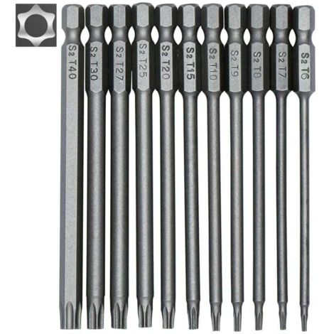 Forehill – Jeu de 11 embouts longs Torx 100 mm – Tige hexagonale 1/4' – Tailles T6 à T40 – Acier allié S2 – Embouts magnétiques pour visseuses (1/5)
