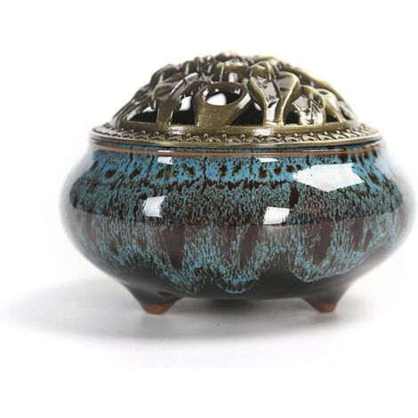 Brûleur D'encens en Céramique et Couvercle, Aromathérapie pour Bâtons D'encens ou Cônes D'encens, Bobine Cendrier Bol, Accessoire Décoratif pour la Maison, Idée Cadeau Originale(bleu saphir) (1/5)