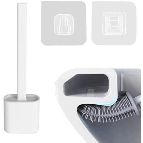 Brosse de toilette en silicone flexible avec support, poils en silicone souple Brosse de toilette de salle de bain nettoyante en profondeur robuste et ensemble de supports à séchage rapide, longue poi (1/5)