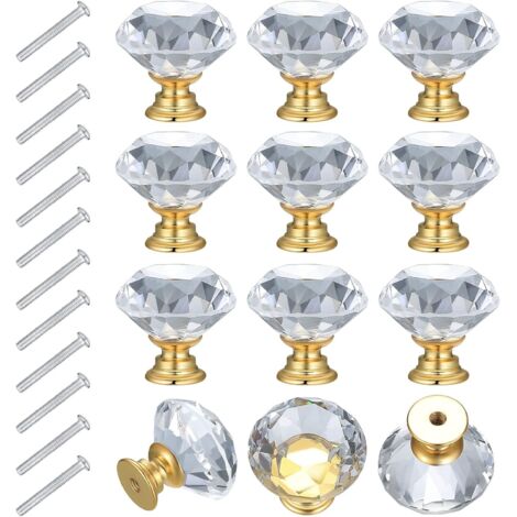 12PCS Bouton de Meuble 30mm Bouton de Tiroir Cristal Poignée Meuble Dorée, Poignées d'armoire Transparentes Poignee Placard Cuisine Bouton de Porte en Cristal
