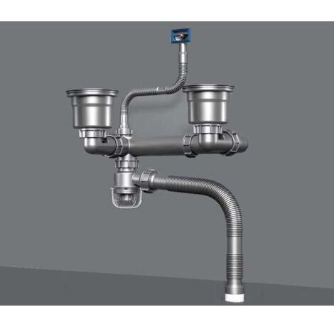 Convient aux éviers de cuisine à double bac avec joint anti-odeur, kit de vidange intégré, convient aux éviers à double bac, gain de place (1/5)