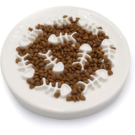 Bol pour chat à alimentation lente, plateau en céramique pour mangeoire pour chat, conception en os de poisson, interactif amusant, ralentit la vitesse d'alimentation de l'animal, prévient les ballonn (1/5)
