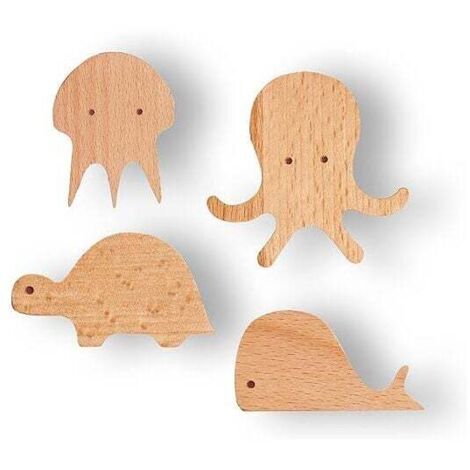 Sunxury – Crochets muraux en bois naturel animaux aquatiques – Lot de 4 décoratifs – Installation avec vis d'expansion ou autocollants sans traces (1/5)