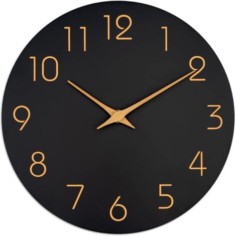 Horloge murale noire de 35,6 cm, silencieuse, sans tic-tac, silencieuse, avec chiffres en or rose, décoration minimaliste pour chambre à coucher, salon, cuisine (noir)