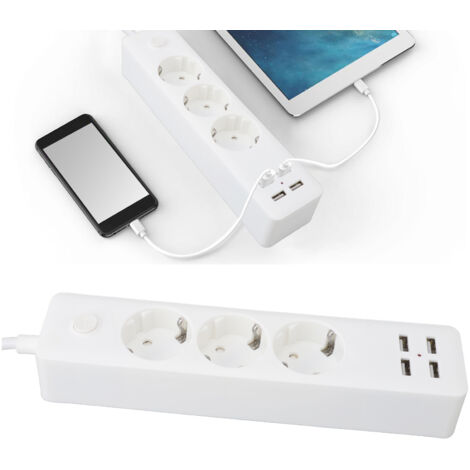 Barre d'alimentation européenne 3 prises 2200W 4 ports USB Cordon de 5,9ft Barre d'alimentation universelle avec interrupteur pour la maison, le voyage et le bureau--Trimec
