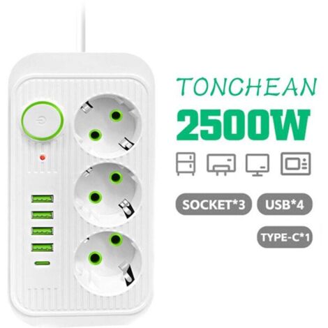 Tonchean – Multiprise murale 3 prises et 4 ports USB – USB-C 3A – Câble 2m – Protection contre surcharges – Pour maison et bureau