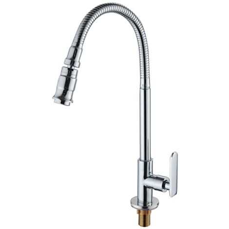 Robinet d'évier de cuisine rotatif à 360 degrés, bar de salle de bain, jardin extérieur, robinet de blanchisserie à col doux d'eau froide unique en cuivre, argent- (1/4)