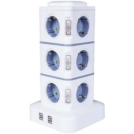 Tour Multiprise, 12 Prises Multiprise Electrique (2500W / 10A) avec 4 Ports USB, Multi Prises électriques Parafoudre Multiprise Verticale (1/5)