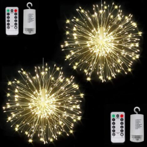 Guirlandes lumineusesPack de 2 feux d'artifice 180 LED fil de cuivre Starburst guirlandes lumineuses 8 modes guirlandes lumineuses à piles avec télécommande (blanc chaud) (1/5)