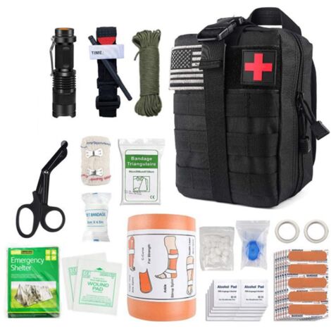 Trousse de secours complète militaire tactique Assemblée En UE normes CE+petite trousse+bandoulière+tire tique+bracelet survie-Conçue pour la randonnée,voyage,airsoft(le noir) (1/5)