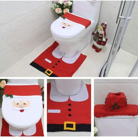 Décoration Noël Nouveauté 3pc Housse siège toilette fête Noël,motif Noël anti-moisissure imperméable à l'eau salle bain Housse siège toilette Coussin pied et ensemble couverture réservoir d'eau GROOFO (1/5)