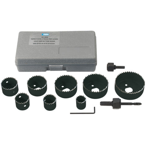 Fervi – Coffret de 10 scies cloches pour bois – Diamètres ø 22 à 67 mm – Profondeur de coupe 24 mm – Compatible perceuses standards