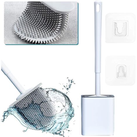 QAZQA Brosse de Toilette WC en Silicone Balayette Brosse WC en Silicone pour Nettoyage en Profondeur avec Long Manche antidérapant et Fixation Murale sans peréage Séchage (Blanc) (1/5)