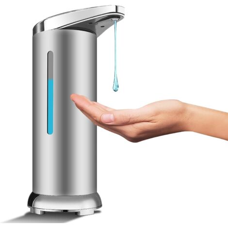 Distributeur de savon automatique en acier inoxydable, distributeur de désinfectant sans contact avec capteur infrarouge, interrupteur réglable et base étanche (argent) (1/6)