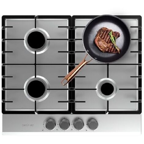 Piano cottura de gas, 4 bruciatori, finitura in acciaio inox, griglie complete de ghisa, potenza de 8kw, bruciatore wok a tripla corona, accensione elettrica, valvole di sicurezza de sistema.