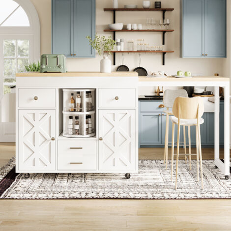 LINHOO Table Bar Extensible avec Roulettes, Desserte Rotative 360°, Rangements Réglables
