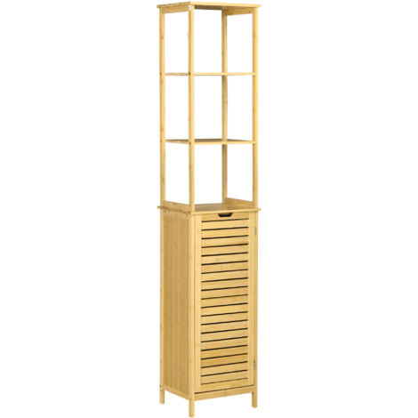 Hibi Mono Natural Bamboo Bathroom Cabinet, 3 Open Compartments & 1 Cupboard, 34x30x173cm, Anti-Tip, Space-Saving (1/5)