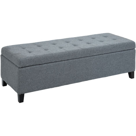 Banquette capitonnée avec espace de rangement, banquette de lit avec couvercle aspect lin, banc coffre, rangement pour salon, chambre, gris
