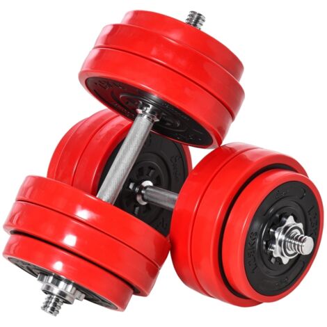 Ensemble d'haltères 2 en 1 20/30 kg, réglables, acier, PP, fer et sable, rouge/noir, 21,5x21,5x3,8 cm, idéal pour musculation maison (1/5)