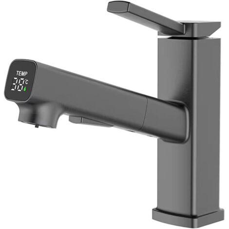 Grey LED bathroom faucet, pull-out sprayer with 3 modes, single handle, 1-3 holes (1/5)