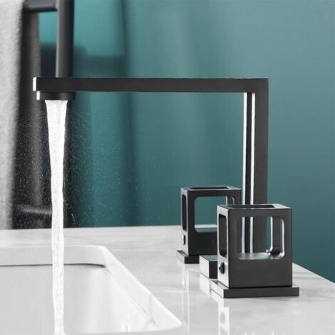 Modern black bathroom faucet, 2-handle, 3-hole mixer tap, solid brass, 360° swivel spout (1/5)