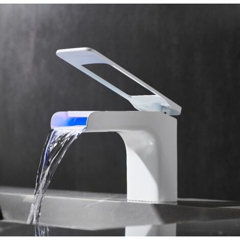LED washbasin tap with temperature display, white waterfall mixer tap for hot and cold water (1/5)