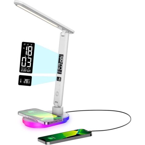 Lampe de Bureau LED Blanche Tactile 5 Niveaux Chargeur Sans Fil 10W USB LCD (1/5)