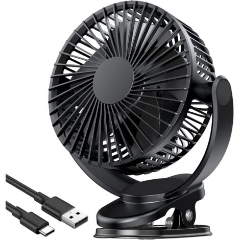 Ventilateur pince USB rechargeable 5000 mAh, rotation 720° 3 vitesses bureau maison