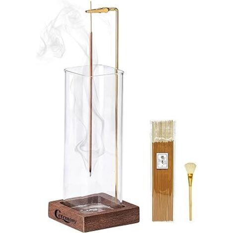 Porte-encens bois avec récupérateur cendres verre, kit brûleur avec bâtonnets pour méditation yoga spa (1/5)