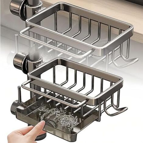 Organisateur robinet évier, porte éponge réglable, rangement cuisine gris (1/5)