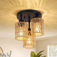 Three-light rattan pendant lamp, rattan lampshade, vintage bamboo lamp, boho lighting for living room, bedroom, kitchen, hallway