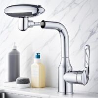 4-way basin mixer tap, single lever, black/silver, waste included, bathroom