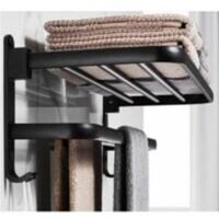 Black 60cm folding wall-mounted aluminum towel rack with storage shelf for bathroom
