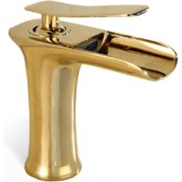 Gold brass bathroom faucet with waterfall spout, modern design single-handle basin mixer tap